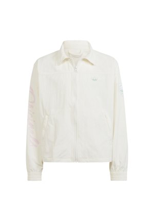 Witte zip-up jas met een kraag, elastische manchetten en een klein groen logo op de borst. Heeft roze tekst "Originals" op de mouw.
