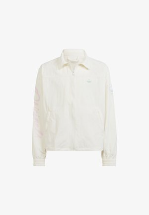 Bílá zipová bunda s límcem, elastickými manžetami a malým zeleným logem na hrudi. Na rukávu je růžový nápis "Originals".