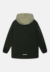 Water-repellent jacket in dark green with a light green hood, adjustable cuffs, and reflective detail at the lower back.