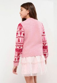 Fată cu părul brunet, purtând un pulover de Crăciun roz cu mâneci cu model și o fustă din tul roz deschis stratificată, cu fața întoarsă deoparte.