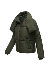 Dark green padded jacket with high collar, front zipper, ribbed cuffs, and a detachable scarf-like collar detail.