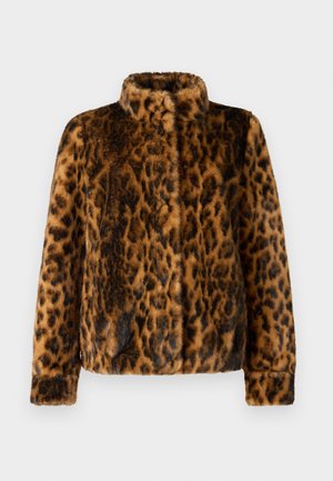 Leopardenmuster-Faux-Fur-Jacke mit Kragen, langen Ärmeln, glatter Textur und lässiger Passform. Braun- und Schwarztöne dominieren das Design.