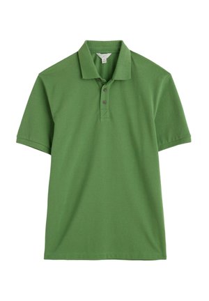 Grünes Poloshirt aus Baumwolle mit klassischem Kragen, kurzen Ärmeln, einer Knopfleiste mit drei Knöpfen und glatter Textur.