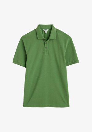 Groene polo gemaakt van katoen, met een klassieke kraag, korte mouwen, een knopenlijst met drie knopen en een zachte textuur.