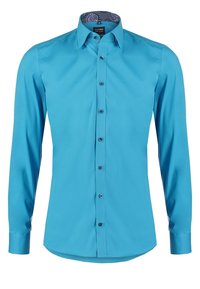 Chemise habillée homme bleu vif à manches longues, avec boutons sur le devant et détail intérieur à motif sur le col.
