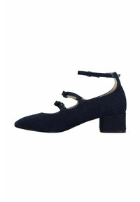 Marineblauwe suède schoenen met een spits toelopende neus en een blokhak. Voorzien van drie verstelbare banden aan de voorkant voor een veilige pasvorm.