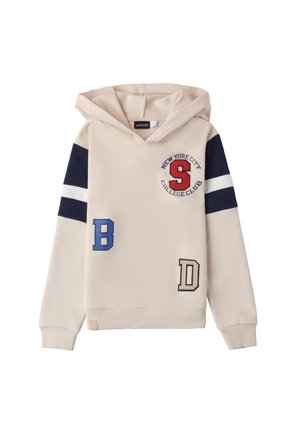 Felpa crema con tasca frontale, caratterizzata da un ricamo della lettera rossa "S", strisce blu e navy sulle maniche e applicazioni delle lettere "B" e "D."