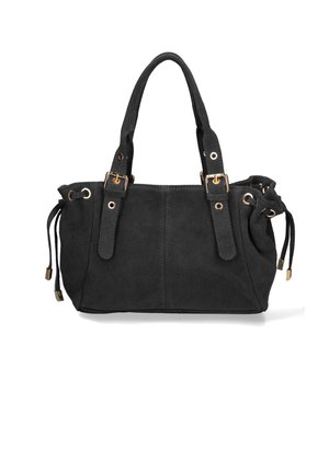 Sac à main en daim noir avec deux poignées, boucles dorées et côtés à cordon sur fond blanc.