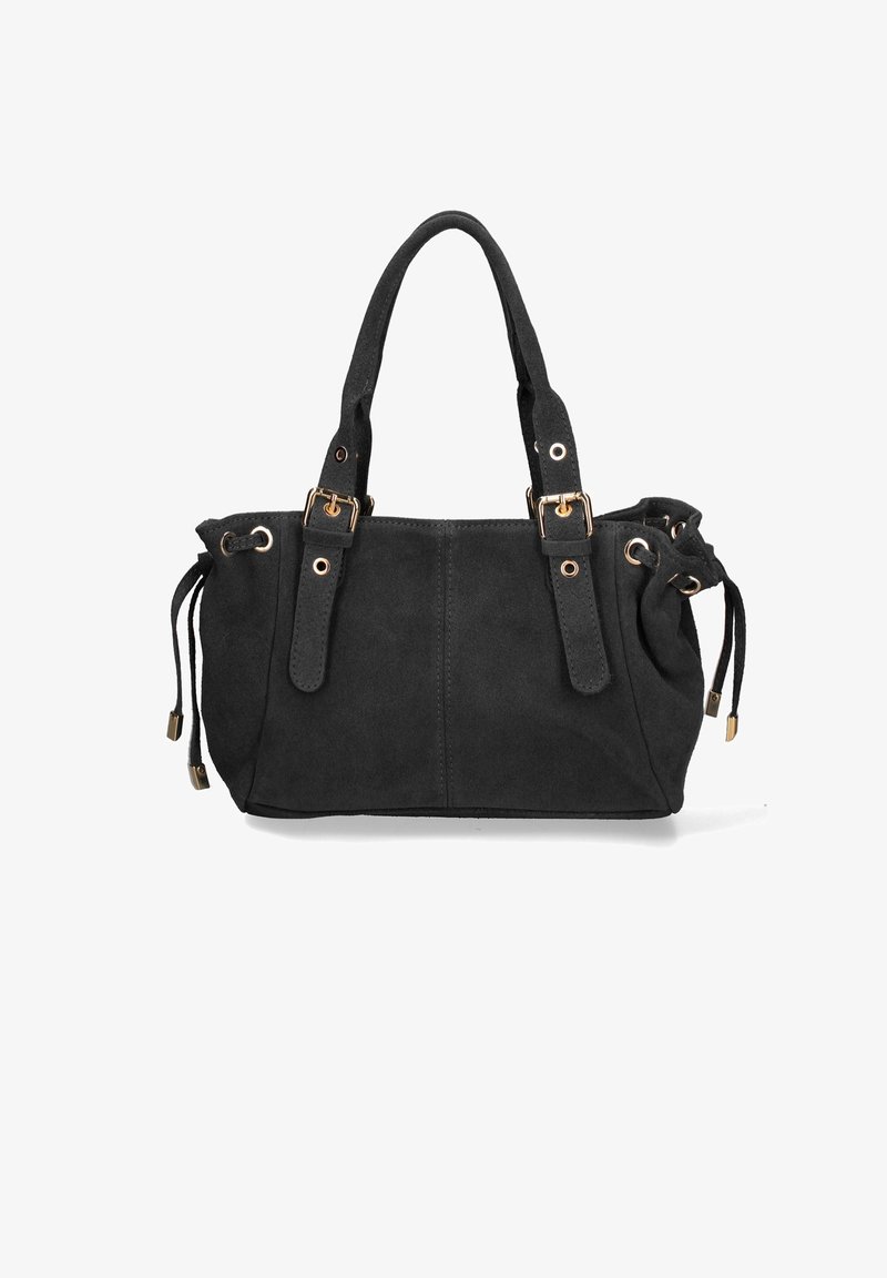 Sac à main en daim noir avec deux poignées, boucles dorées et côtés à cordon sur fond blanc.