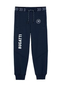 Navy sweatpants made of soft fabric, featuring a drawstring waistband, side pockets, and white "BUGATTI" logo along one leg.