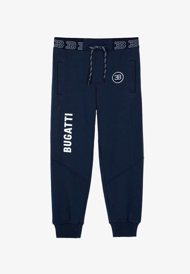 Navy sweatpants made of soft fabric, featuring a drawstring waistband, side pockets, and white "BUGATTI" logo along one leg.