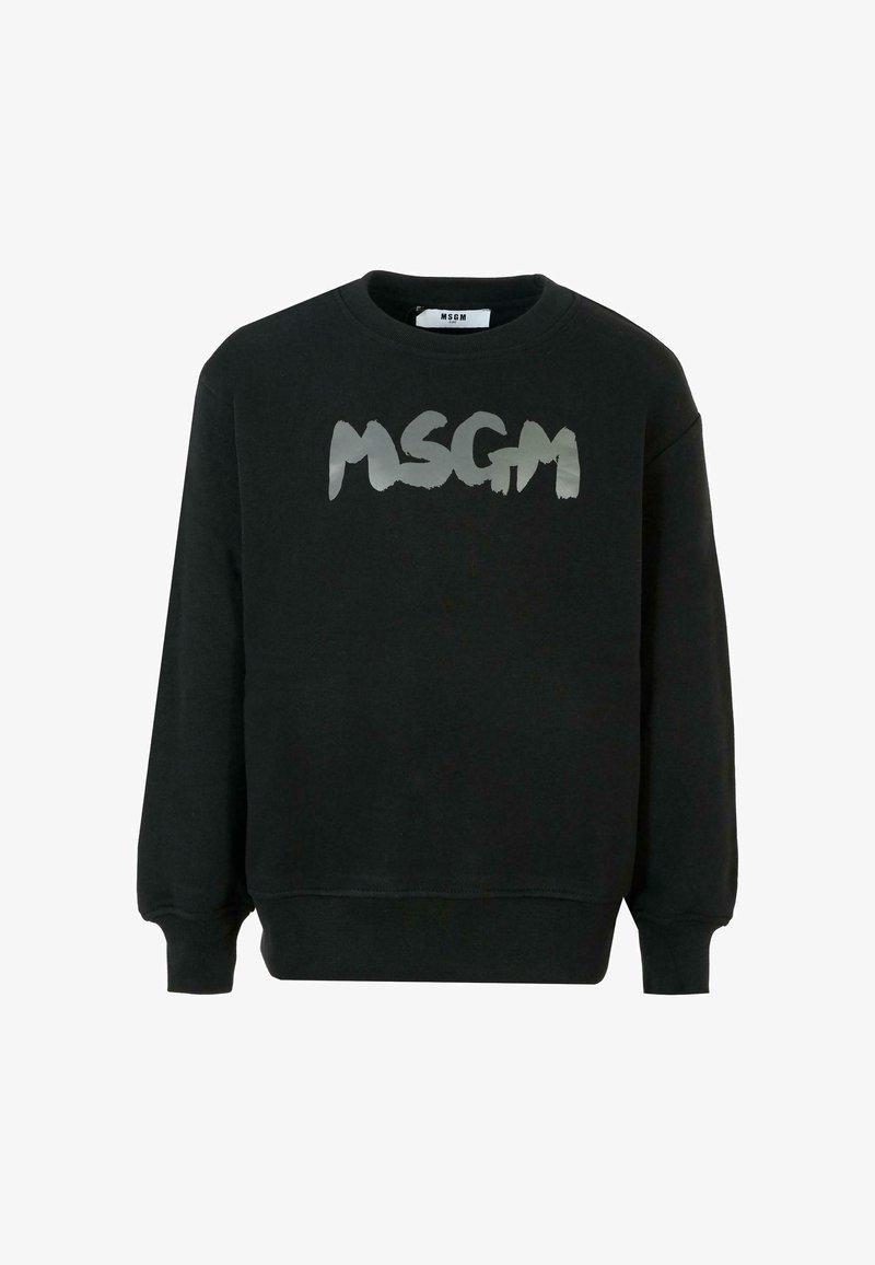 Zwarte sweatshirt van katoen, met een ronde hals en lange mouwen. De voorkant toont een groot, zilver, penseelstreek logo met de tekst "MSGM."