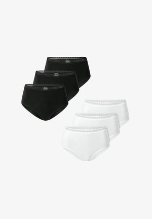 Pack de seis braguitas de talle alto, tres negras y tres blancas. Están hechas de algodón suave y presentan un borde de encaje a lo largo de la cintura para aportar un toque de detalle.