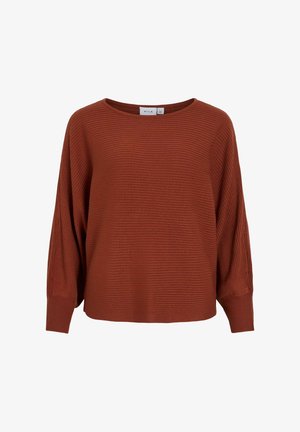 Sweter w kolorze rdzy, z rowkowanym teksturem, prostym krojem i opadającymi ramionami; ma szeroki, okrągły dekolt i długie rękawy.