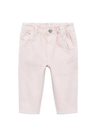 Pantaloni di cotone rosa chiaro con vita elastica, cinque tasche e una superficie liscia. Presenta un piccolo bottone d'argento in vita.
