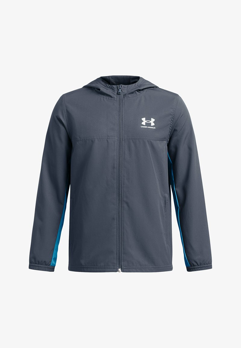 Veste grise avec fermeture éclair à l'avant et capuche, présentant des accents latéraux bleus et un tissu texturé. Logo Under Armour affiché sur la poitrine.