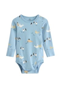 Jasnoniebieski bodysuit z długim rękawem z zabawnym wzorem foczki i pingwina. Miękka bawełniana tkanina, okrągły dekolt i zatrzaski na dole.