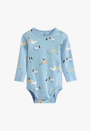 Body a maniche lunghe azzurro chiaro con stampa giocosa di foca e pinguino. Tessuto in cotone morbido, collo rotondo e chiusure a scatto sul fondo.