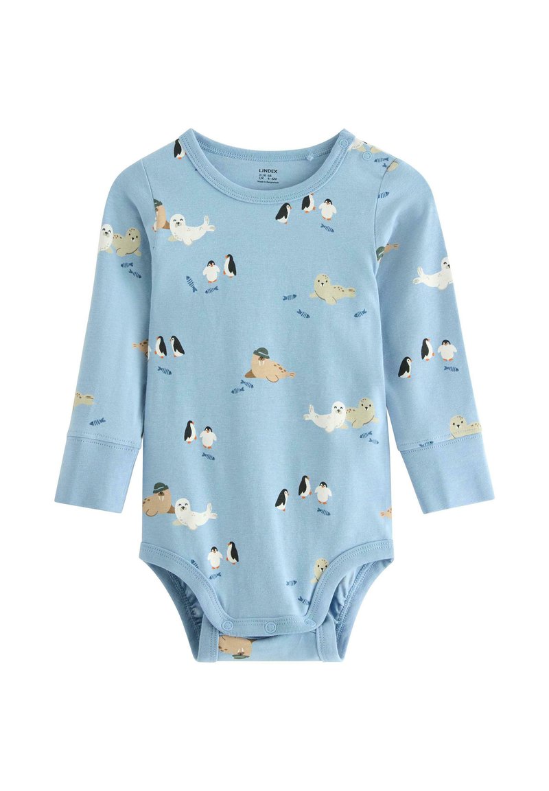 Jasnoniebieski bodysuit z długim rękawem z zabawnym wzorem foczki i pingwina. Miękka bawełniana tkanina, okrągły dekolt i zatrzaski na dole.