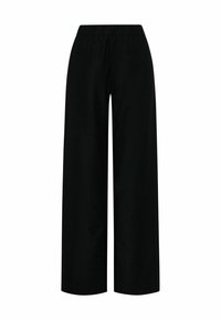Svarta högmidjade vida byxor med elastisk midja, slät tyg och avslappnad passform.