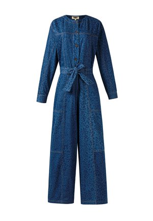 Blauer langärmliger Denim-Jumpsuit mit durchgehender Knopfleiste, Animal-Print-Muster, weitem Bein und passendem, zum Binden geeignetem Taillengürtel.