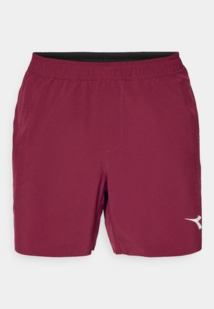 Burgundia sportlikud lühikesed püksid elastse vöökohtaga, musta voodriga ja valge logoga alumises paremas servas. Kerge materjal.