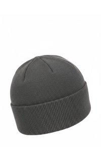 Berretto grigio lavorato a maglia con corona tondeggiante e polsino a coste. Realizzato in tessuto morbido ed elastico, presenta una texture liscia e cuciture minime.