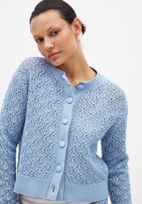 Svijetloplavi pleteni kardigan s dijamantnim uzorkom, zatvaranje na gumbi i rebrasti rub. Ima okrugli izrez i teksturirano tkanje.