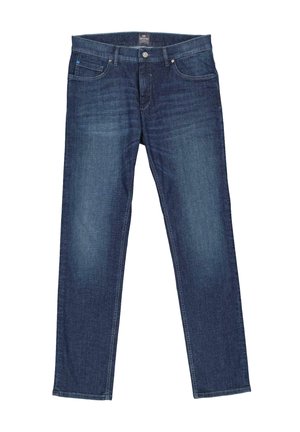 Men's straight-leg dark blue denim jeans with five-pocket design and button closure, shown flat on a white background.