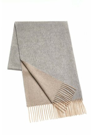 Wool scarf featuring a grey and beige color block design with fringe edges. Soft texture and rectangular shape, ideal for warmth.