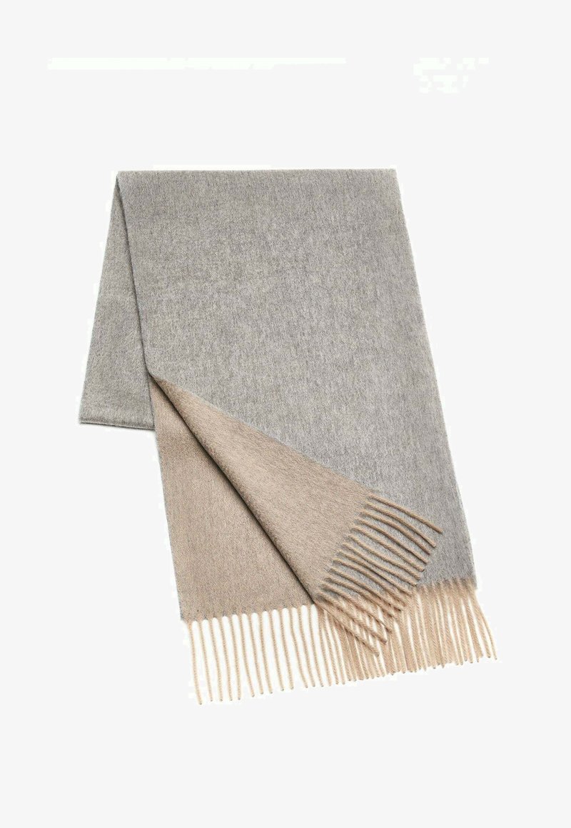 Wollschal mit einem grau-beige Farbblockdesign und Fransen. Weiche Textur und rechteckige Form, ideal für Wärme.