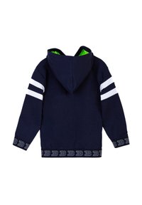 Felpa navy con fodera verde, caratterizzata da strisce bianche sulle maniche e una vita a pattern. Tessuto morbido con maniche lunghe e cappuccio.