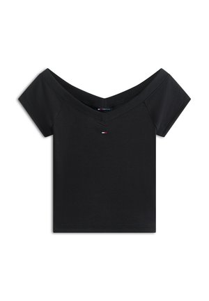 Haut court noir à épaules dénudées avec manches courtes, texture côtelée, et petit logo Tommy Hilfiger centré sous l'encolure.