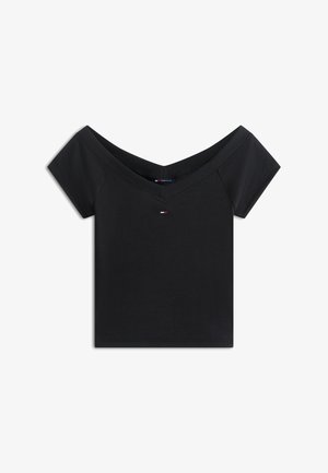 Must off-shoulder lühikese varrukaga lühike topp, soonilise tekstuuriga ja väikese Tommy Hilfigeri logoga, mis asub kaeluse all keskpunktis.