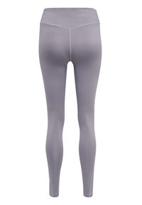 Grå leggings med høj talje, der har en glat overflade og minimale syninger. Tætsiddende design strækker sig til anklen uden synlig branding.