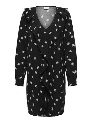 Čierne šaty s výstrihom do V, dlhými rukávmi a volánikovým predným dielom. Obsahujú biely vzor listov po celom povrchu a sú vyrobené z jemnej, textúrovanej tkaniny.