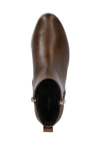 Braune Leder-Ankle-Boots mit glatter Textur, runder Zehenpartie, seitlichem Reißverschluss und einer kleinen Schlaufe an der Ferse für einfaches An- und Ausziehen.