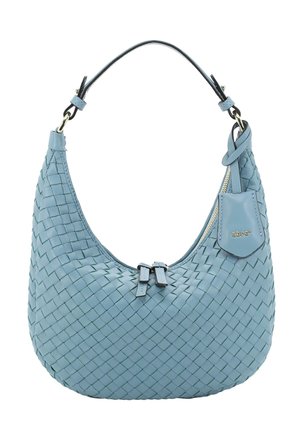 Hellblaue geflochtene Lederhandtasche mit kurzem Trageriemen, doppeltem Reißverschlussverschluss und kleinem Markenlederetikett an der Seite.