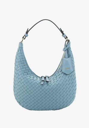 Light blue woven leather handbag with short strap, double zipper closure, and small branded leather tag on the side.