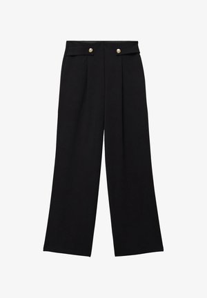 Schwarze Hose mit weitem Bein und hoher Taille, vorne am Bund zwei mit goldenen Knöpfen versehene Klappentaschen, keine sichtbaren Verschlüsse.