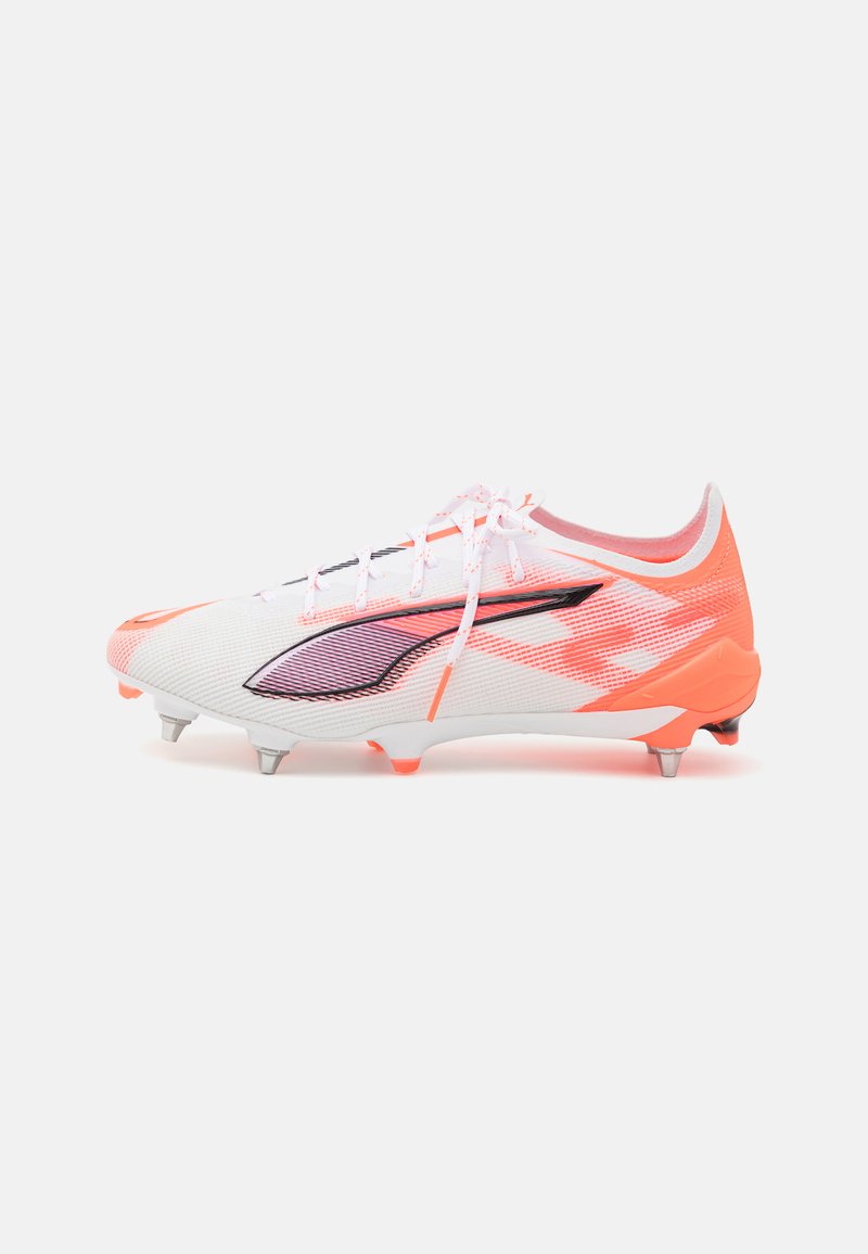 White soccer cleat with pink and orange accents, featuring a textured upper, synthetic materials, a streamlined shape, and six metal studs.