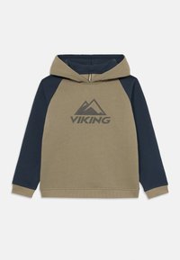 Mikina s kapucí v olivově zelené a námořnické modré barvě, s klokaní kapsou, žebrovanými manžetami a potiskem hory se slovem "VIKING."