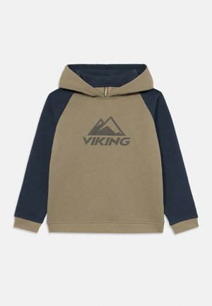 Sweatshirt com capuz em verde-oliva e azul-marinho, apresentando um bolso canguru, punhos canelados e um design impresso de montanha com "VIKING."