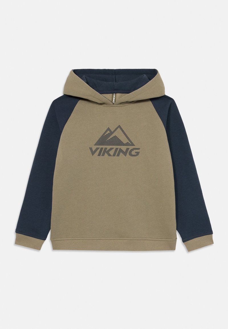 Mikina s kapucí v olivově zelené a námořnické modré barvě, s klokaní kapsou, žebrovanými manžetami a potiskem hory se slovem "VIKING."