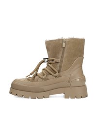 Bottines beige avec tige en suède, semelle en caoutchouc texturée, design à lacets, fermeture éclair sur le côté et bord en fourrure en haut. Talon épais et semelle à relief.