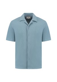 Lichtblauw korteblouseshirt, gemaakt van gestructureerde stof, met een platte kraag, vijf knopen en een ontspannen pasvorm.