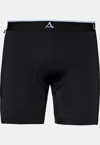 Bermudas deportivas negras hechas de tela suave, con una cinturilla ajustada que lleva un logo, longitud a mitad del muslo y un diseño de bolsa contorneada.