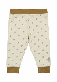 Cremfarbene Hosen mit einem braunen Bund und Bundabschlüssen. Sie besitzen ein Muster aus kleinen, goldenen Regenbogenformen. Aus weichem Baumwollmaterial.