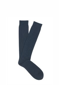 Calzini alti fino al ginocchio di colore blu scuro, realizzati in materiale morbido ed elastico con un polsino a coste sulla parte superiore e una texture liscia su tutta la lunghezza.