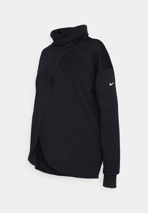 Camiseta premamá negra de manga larga Nike con cuello alto doblado, cierre delantero asimétrico y el logo blanco de Nike en la manga izquierda.
